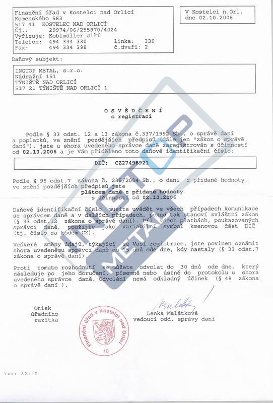 Osvědčení o registraci (DIČ) 